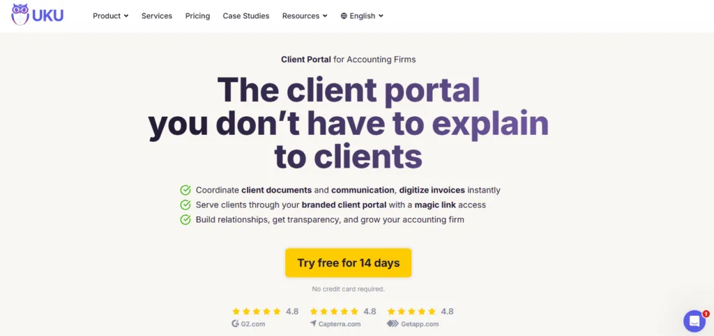 Uku client portal interface showing document sharing, branded workspace, magic link access, and 4.8-star ratings