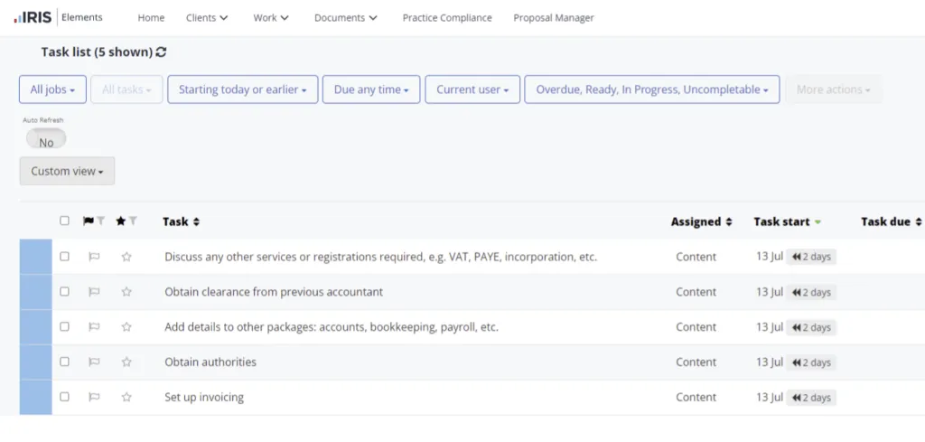IRIS Elements job and task management interface with customizable dashboard and team assignments