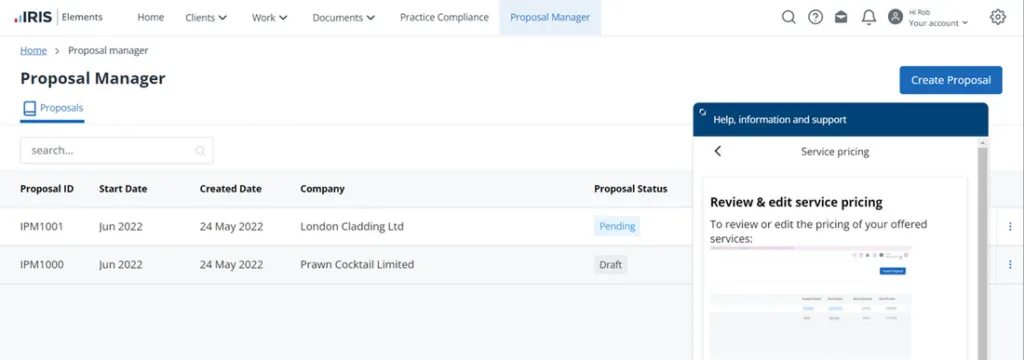 IRIS Elements Proposal Manager module for creating branded client onboarding proposals and engagement letters