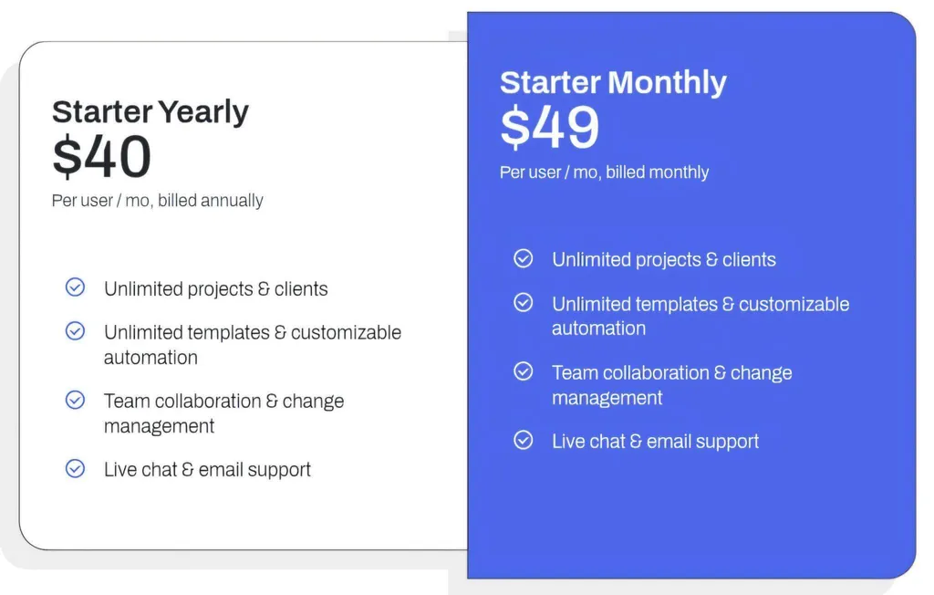 Jetpack Workflow Starter pricing at $40/user/month annual or $49/user/month monthly