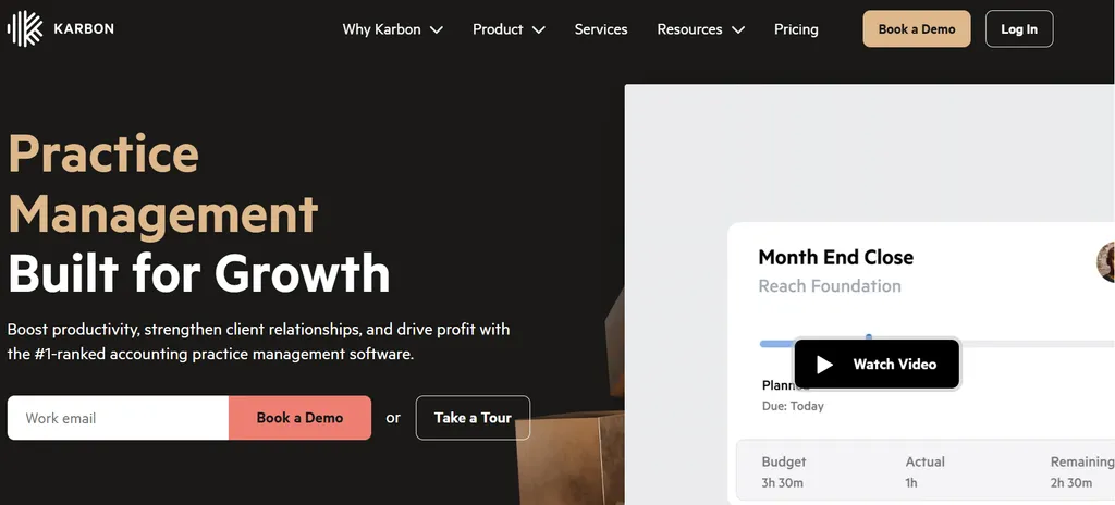 Karbon homepage — practice management built for growth, with a month-end close work item showing budget, actual and remaining hours