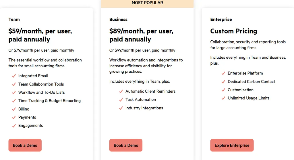 Karbon pricing — Team at $59 and Business at $89 per user per month paid annually, plus custom-priced Enterprise