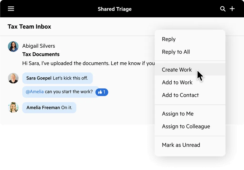 Karbon Shared Triage — a tax team inbox where a client email can be turned into work, assigned to a colleague or added to a contact from one menu