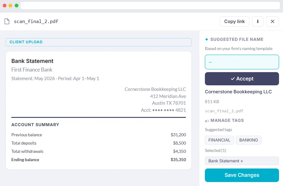 Liscio File Intelligence reading a client upload named scan_final_2.pdf — it identifies a bank statement, suggests a firm-standard file name and tags it financial and banking