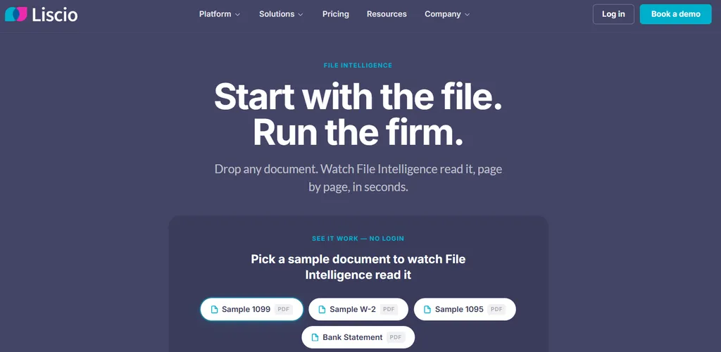 Liscio File Intelligence page — start with the file, run the firm, with sample 1099, W-2, 1095 and bank statement documents to test