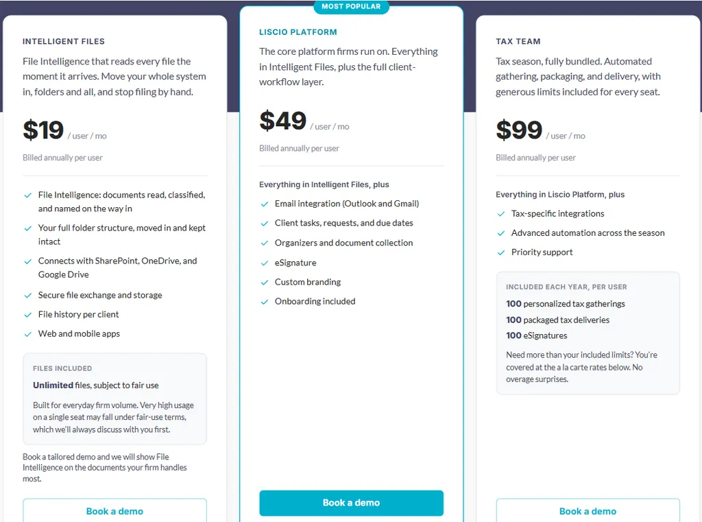 Liscio pricing — Intelligent Files at $19, Liscio Platform at $49 and Tax Team at $99 per user per month billed annually