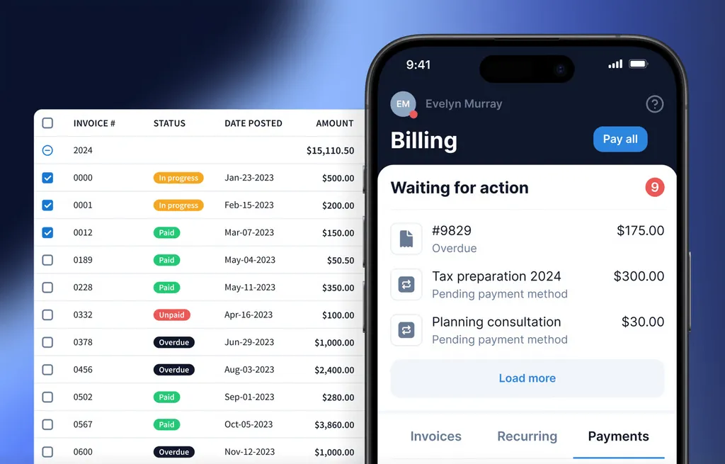TaxDome billing — an invoice list with paid, unpaid and overdue statuses beside the client mobile app showing invoices waiting for payment