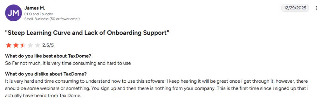 TaxDome G2 reviews showing user feedback about learning curve