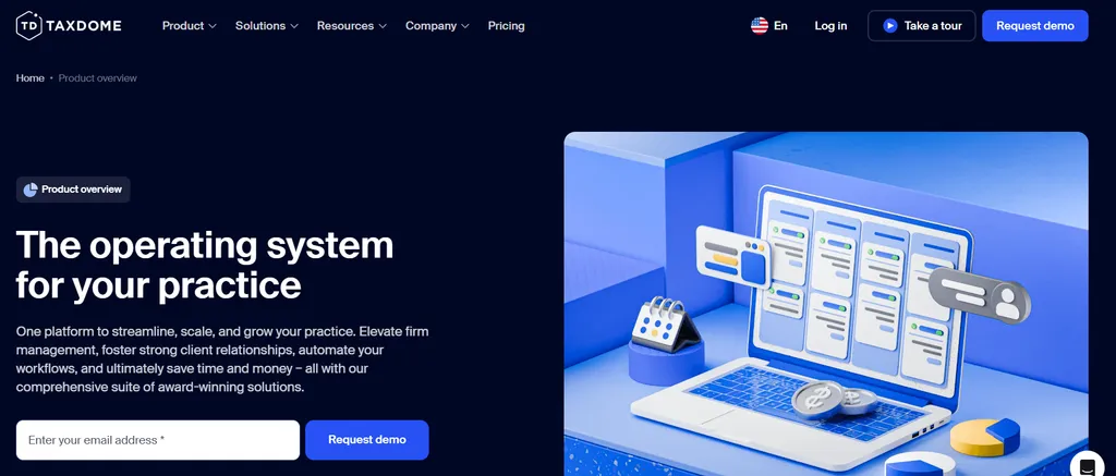 TaxDome product overview page — the operating system for your practice, with a pipeline-style illustration of firm workflow