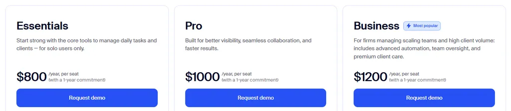 TaxDome pricing — Essentials, Pro, and Business plans