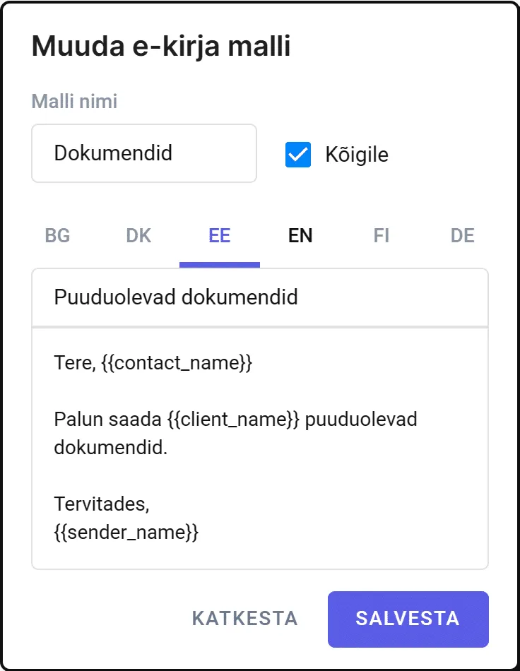Uku e-kirja mallide vaade — mitmekeelsed mallid ja tõlked