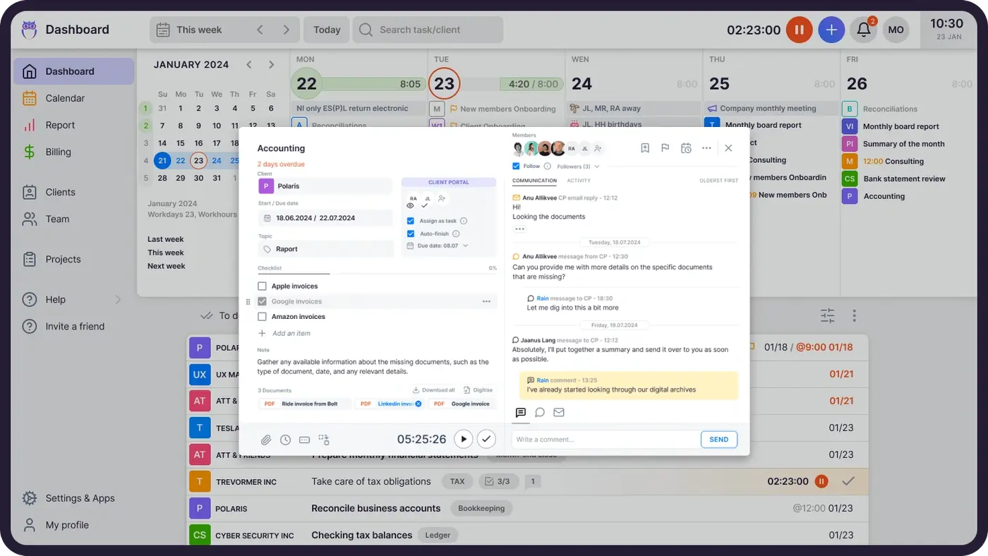 Uku dashboard — every client's tasks, deadlines and billable time on one screen