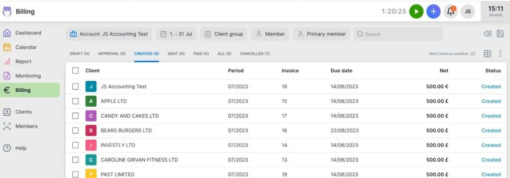 Uku automated billing interface showing complex price lists with quantity, time, and material-based rates