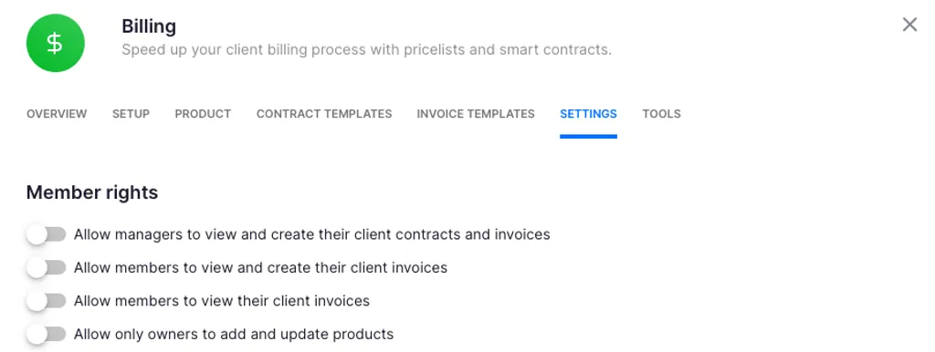 Uku billing settings with product list and contract templates