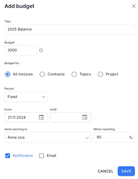 Uku client budgets with alerts