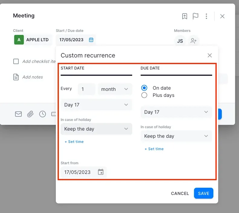 Uku custom recurrence settings for a recurring task