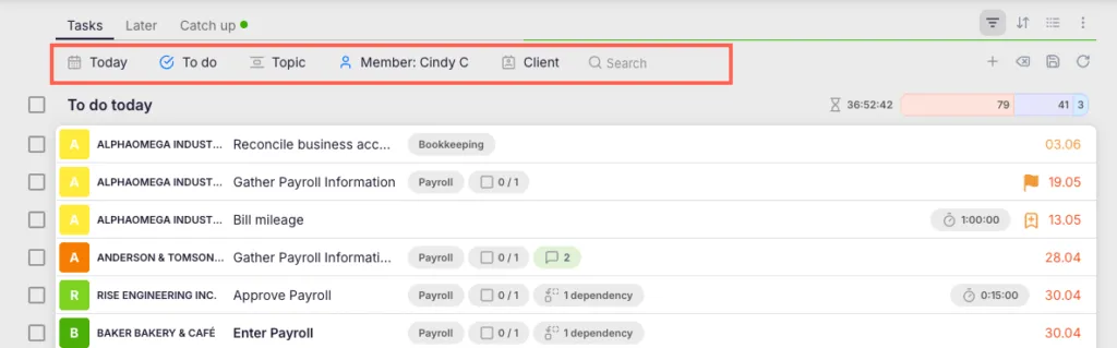 Uku customizable dashboard showing full firm workload overview across all clients and team members