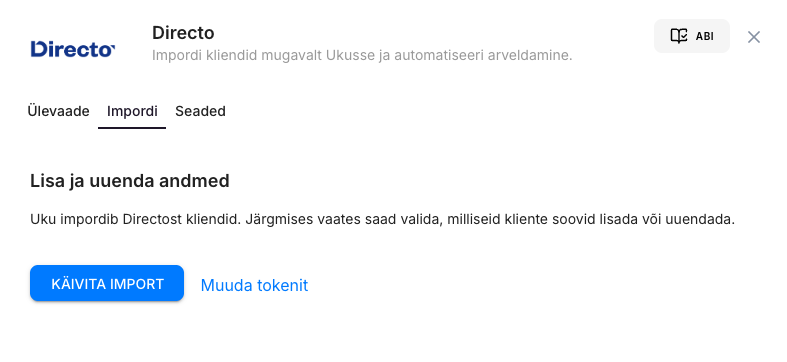Uku Directo rakenduse aken, kus käivitatakse klientide import Directost Ukusse