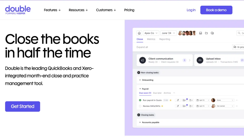 Double homepage (formerly Keeper) with the headline "Close the books in half the time" and a month-end close checklist
