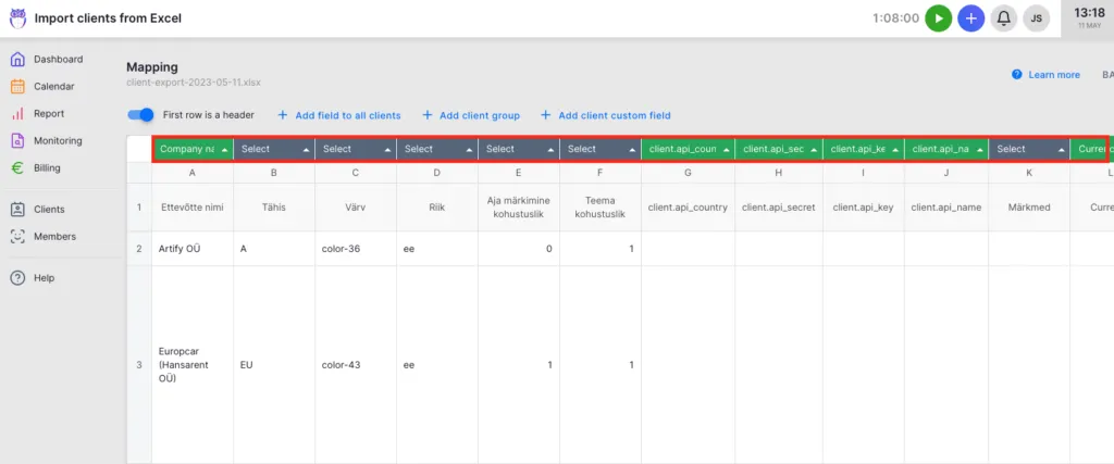 Uku's Import clients from Excel mapping screen, matching spreadsheet columns like Company name, Country and custom fields to Uku's client record