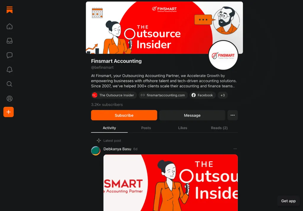 Finsmart Accounting's "The Outsource Insider" newsletter profile page on Substack