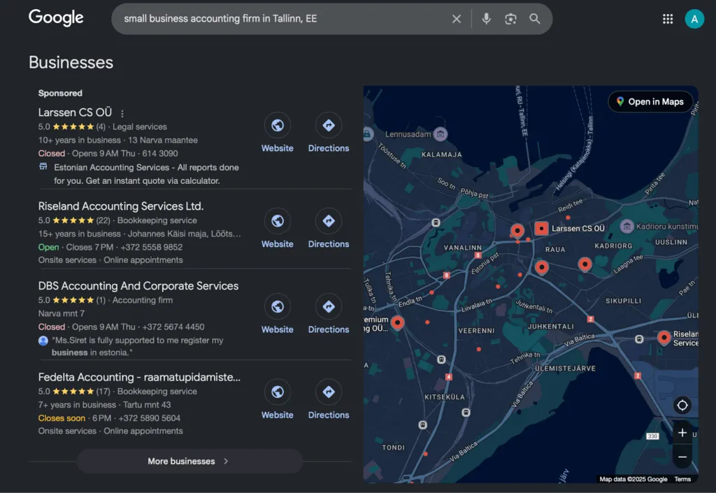 Google search results and map showing local accounting firms for the query "small business accounting firm in Tallinn, EE"
