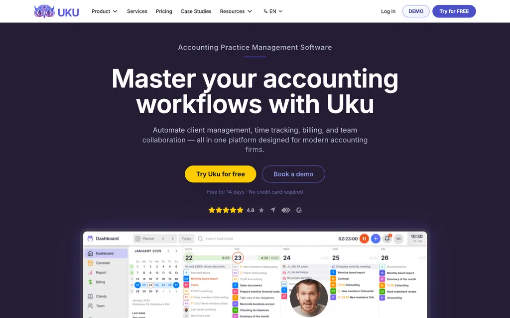 Uku homepage with hero, ratings, and dashboard preview
