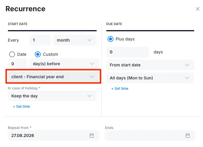 Uku's Recurrence dialog with the start date set to 0 days before the client's Financial year end, and the due date set to plus days from the start date