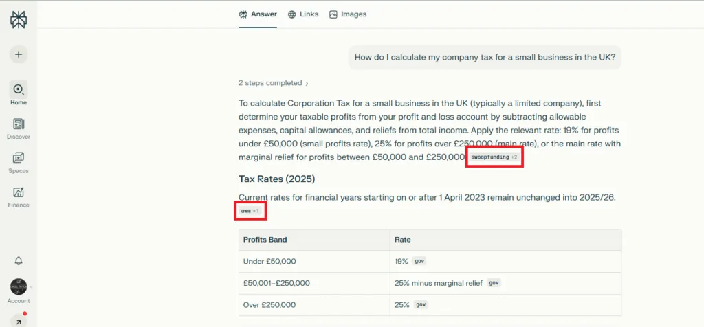 Perplexity AI citing sources for UK small business tax calculation query.