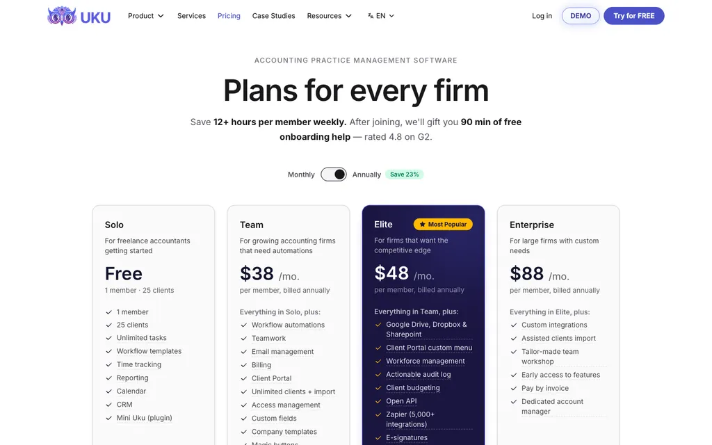 Uku Solo, Team, Elite, and Enterprise pricing tiers with monthly and annual billing