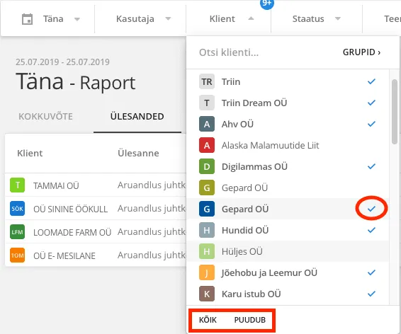 Raporti kliendifilter, kus konkreetne klient on valikust eemaldatud