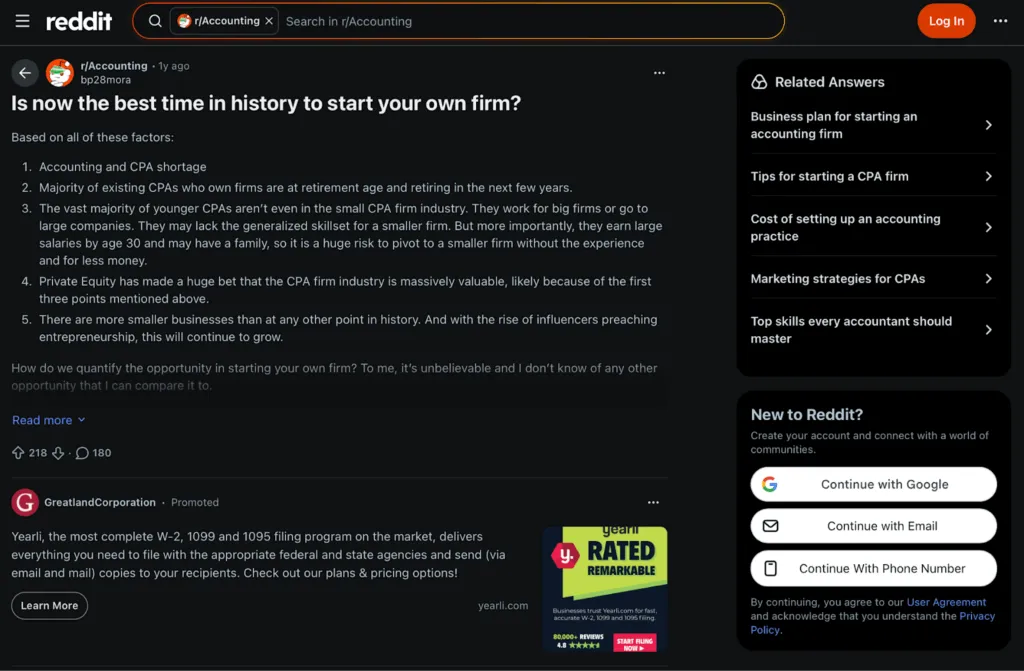 Reddit r/Accounting thread asking whether now is the best time in history to start your own accounting firm