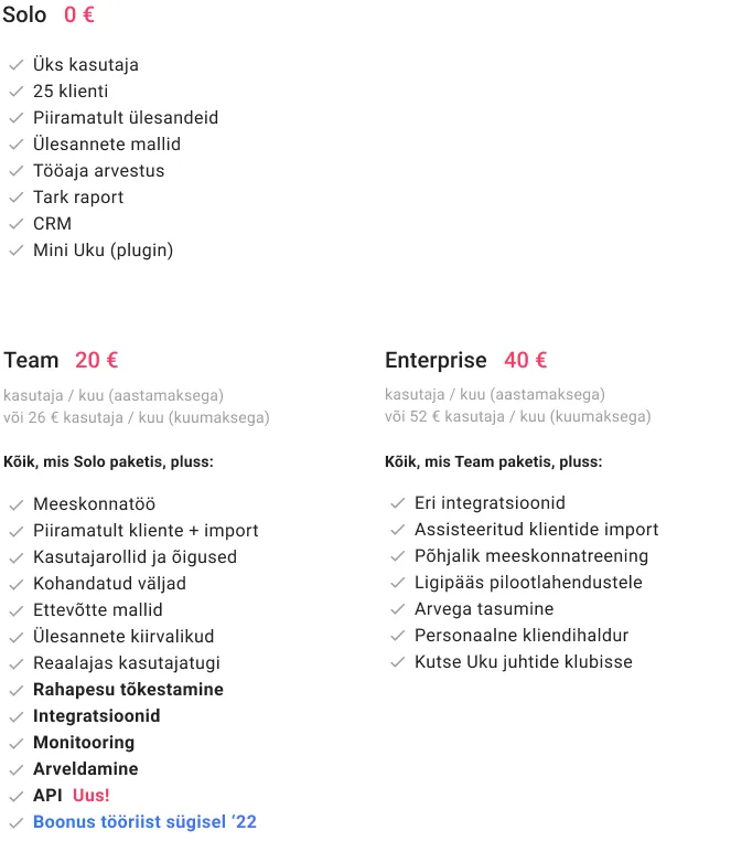 Uku Solo, Team ja Enterprise paketi hinnad ning kummagi paketi funktsioonide loetelu