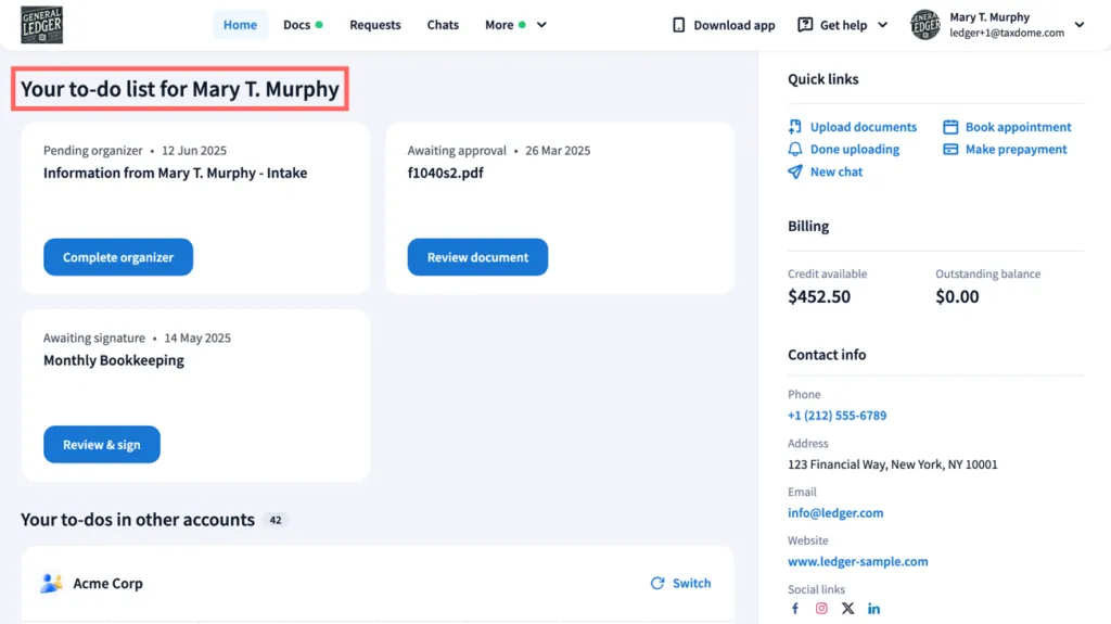 A TaxDome client portal to-do dashboard for General Ledger's client Mary T. Murphy — pending organizer, a document awaiting approval, a document awaiting signature, billing balance and firm contact info
