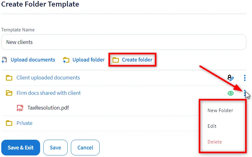 TaxDome's Create Folder Template dialog — a "New clients" template with Client uploaded documents, Firm docs shared with client and Private folders, plus New Folder/Edit/Delete options