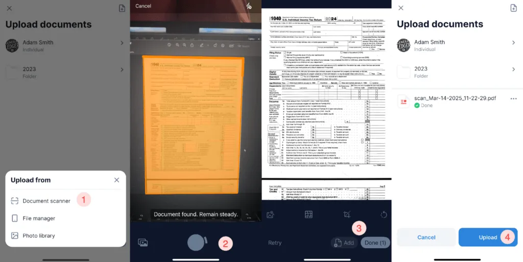 TaxDome's mobile app document scanner uploading a 1040 tax form — capture, crop and upload steps ending in a client document list