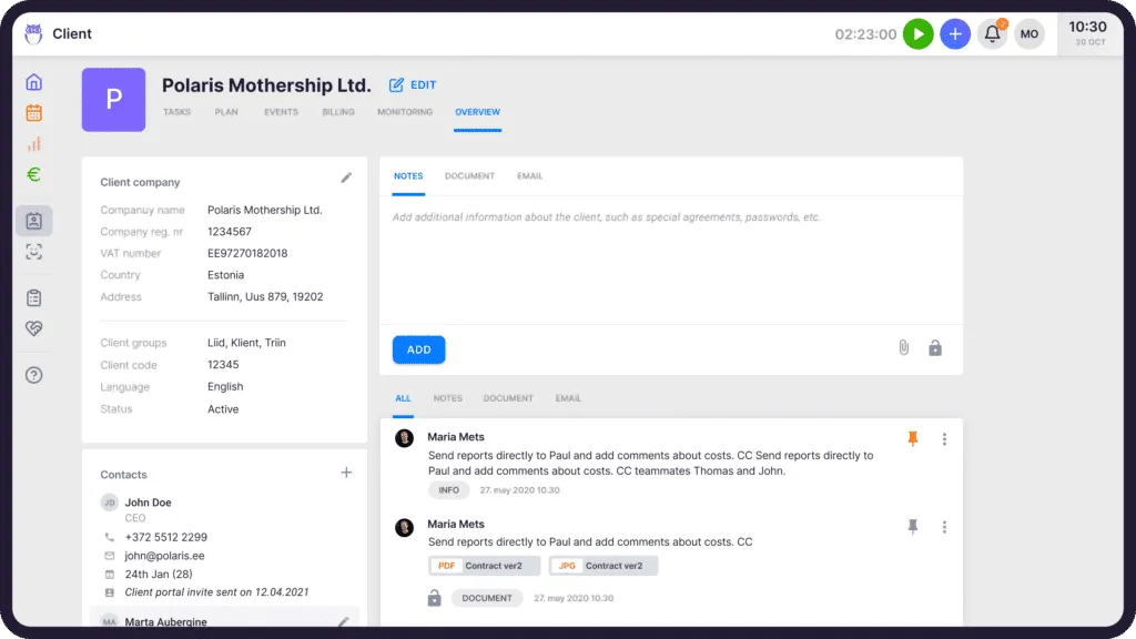 Uku's client profile view