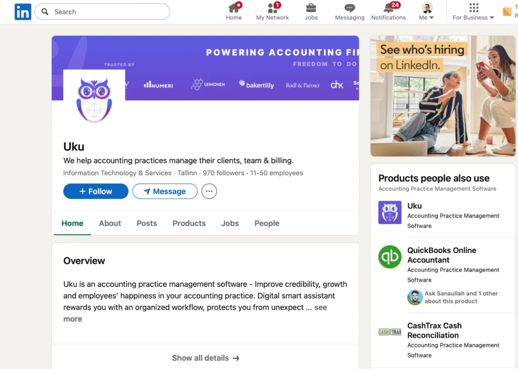 Uku's LinkedIn company page showing its overview and follower count