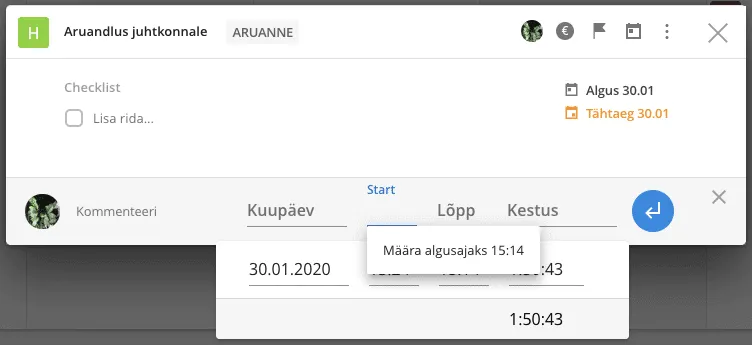 Uku ülesande vaade "Aruandlus juhtkonnale" koos ajaarvestuse aknaga, kus saab määrata töö alguse kellaajaks