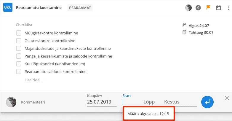 Ülesande vaade "Pearaamatu koostamine" checklistiga, kus Uku pakub ajakirje algusajaks viimase ülesande lõppaega