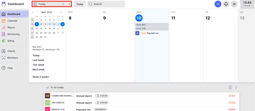 Uku's weekly calendar view with jobs placed on specific days, next to a to-do list showing workdays and workhours for the month