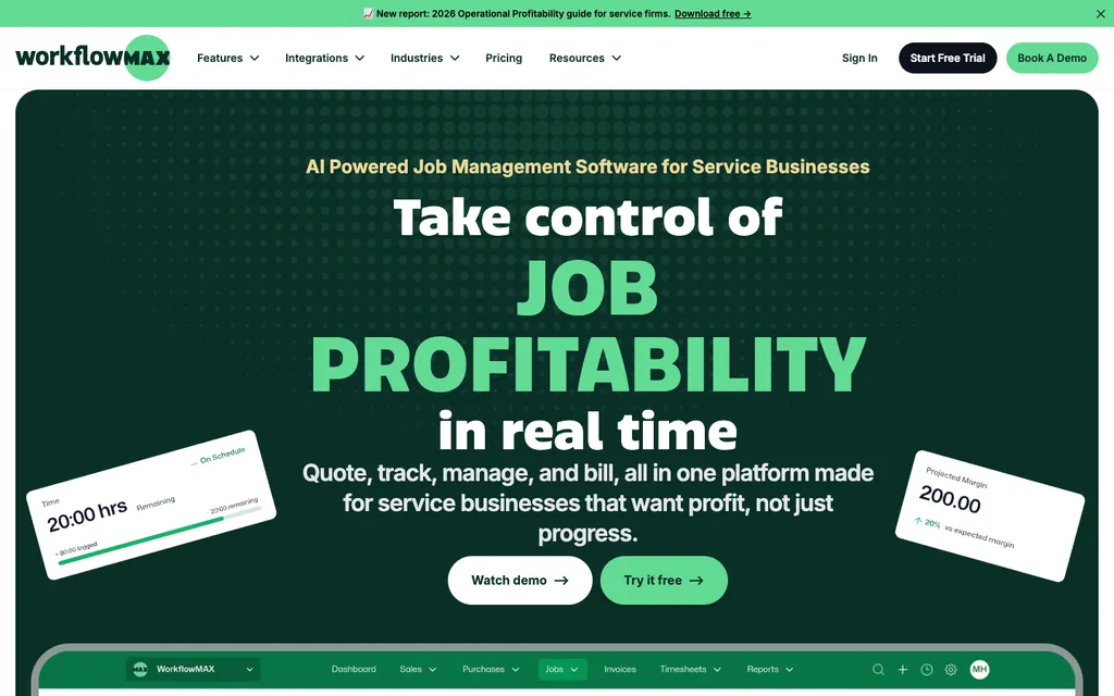 WorkflowMax by BlueRock homepage — AI powered job management software for service businesses