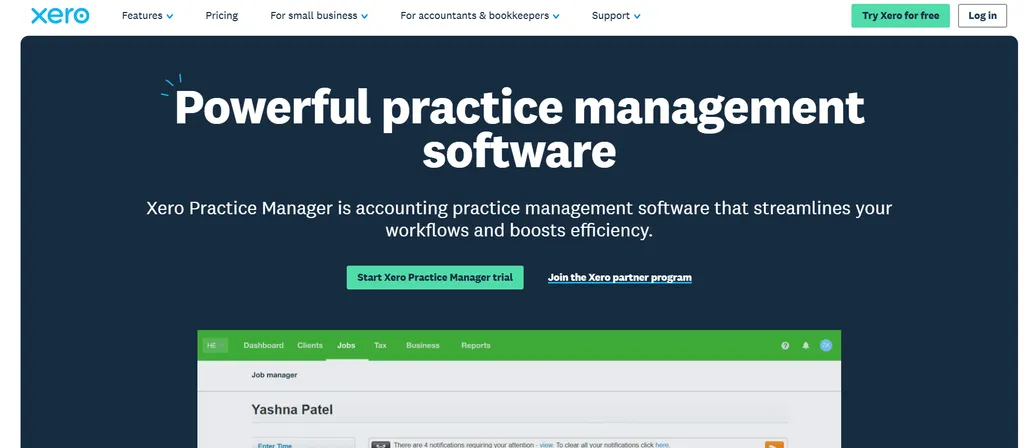 Xero Practice Manager homepage showing practice management software for accountants and bookkeepers
