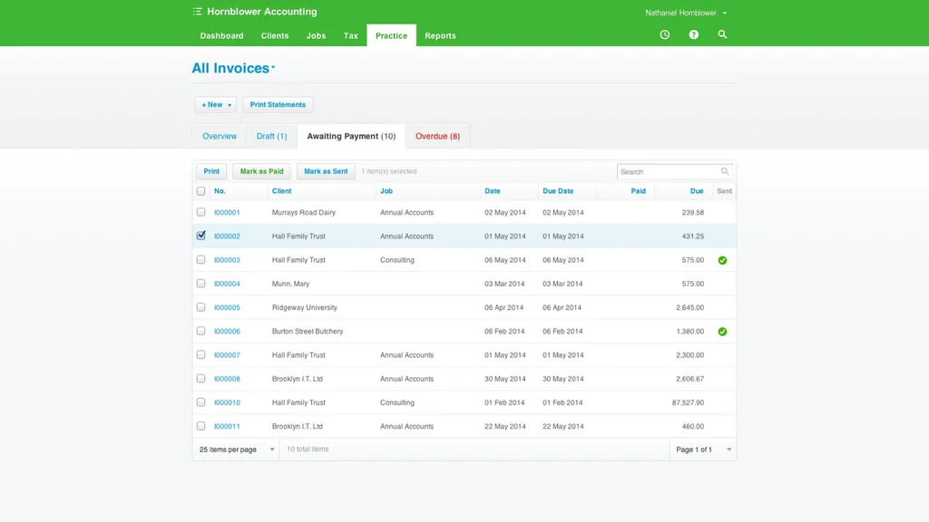 Xero Practice Manager invoices list showing awaiting payment view