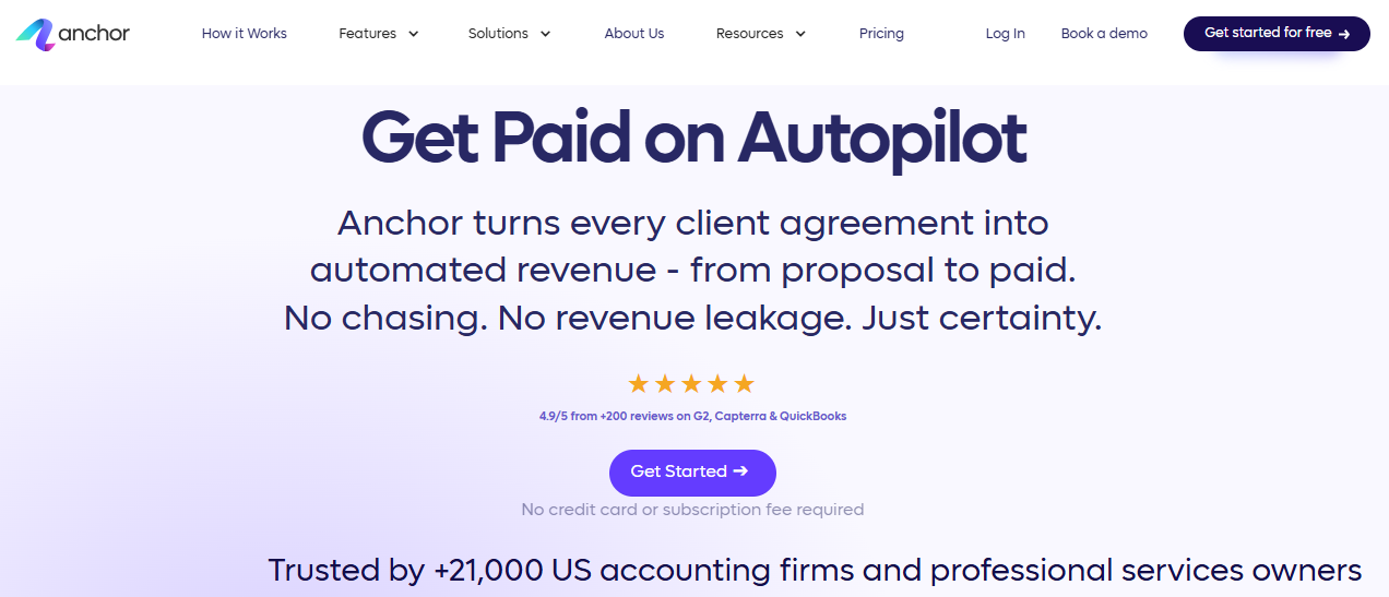 The Anchor homepage — "Get Paid on Autopilot", with Anchor turning every client agreement into automated revenue from proposal to paid, a 4.9/5 rating from 200+ reviews on G2, Capterra and QuickBooks, and "Trusted by +21,000 US accounting firms and professional services owners"