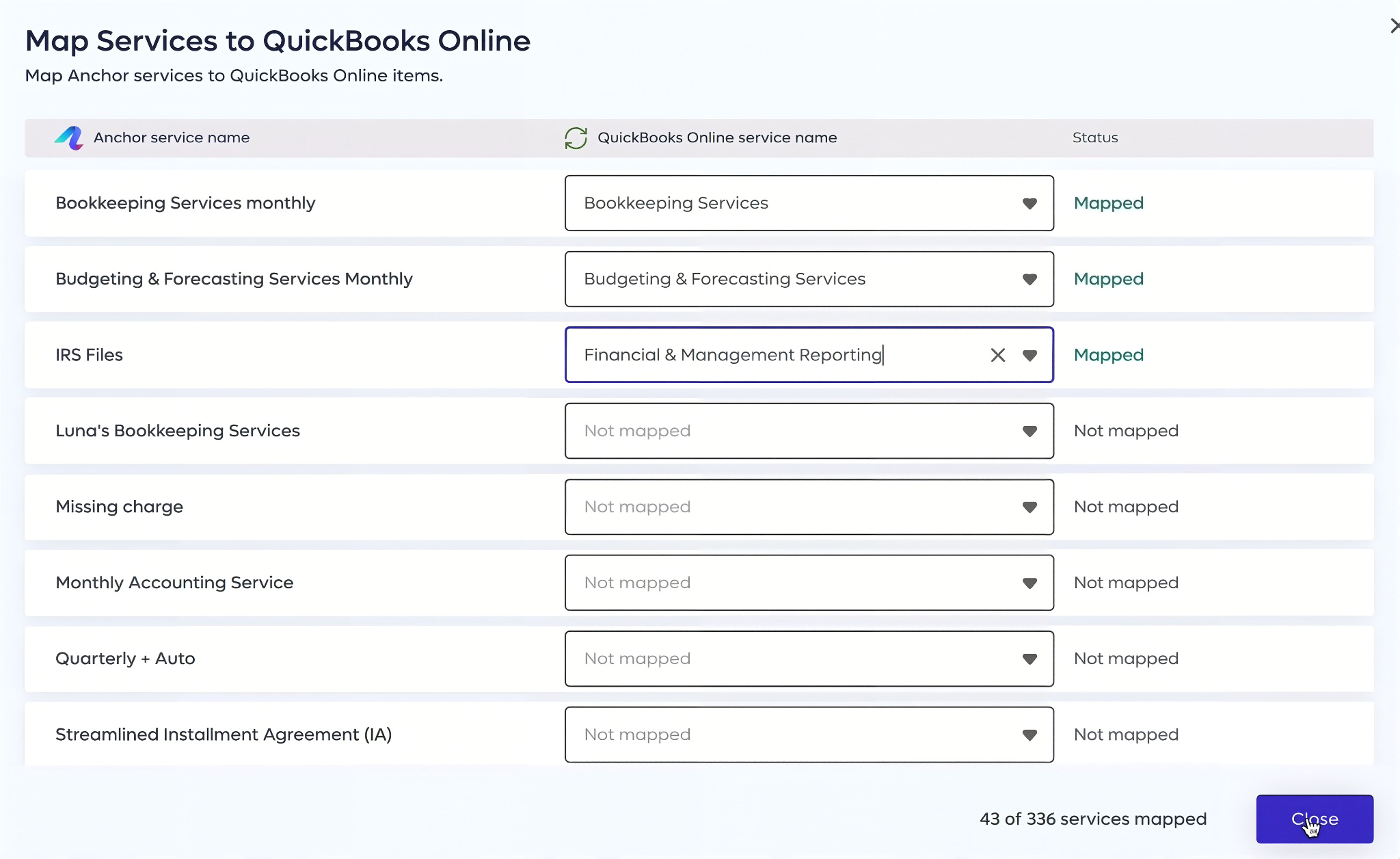 Anchor's Map Services to QuickBooks Online dialog — Anchor services such as monthly bookkeeping and budgeting mapped to QuickBooks Online service items, others marked Not mapped, with 43 of 336 services mapped