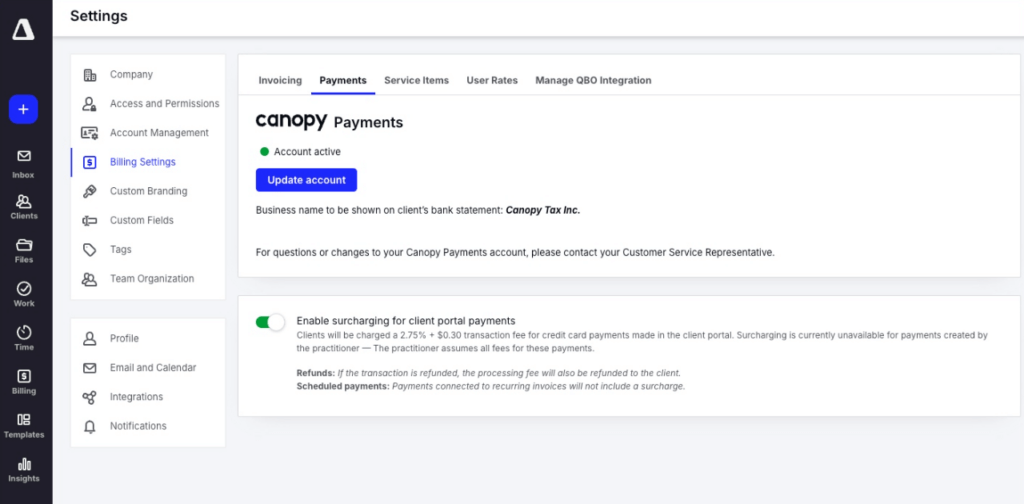 Canopy's billing settings — Canopy Payments with an active account, tabs for invoicing, payments, service items, user rates and a QuickBooks Online integration, and a switch to add a card surcharge to client portal payments