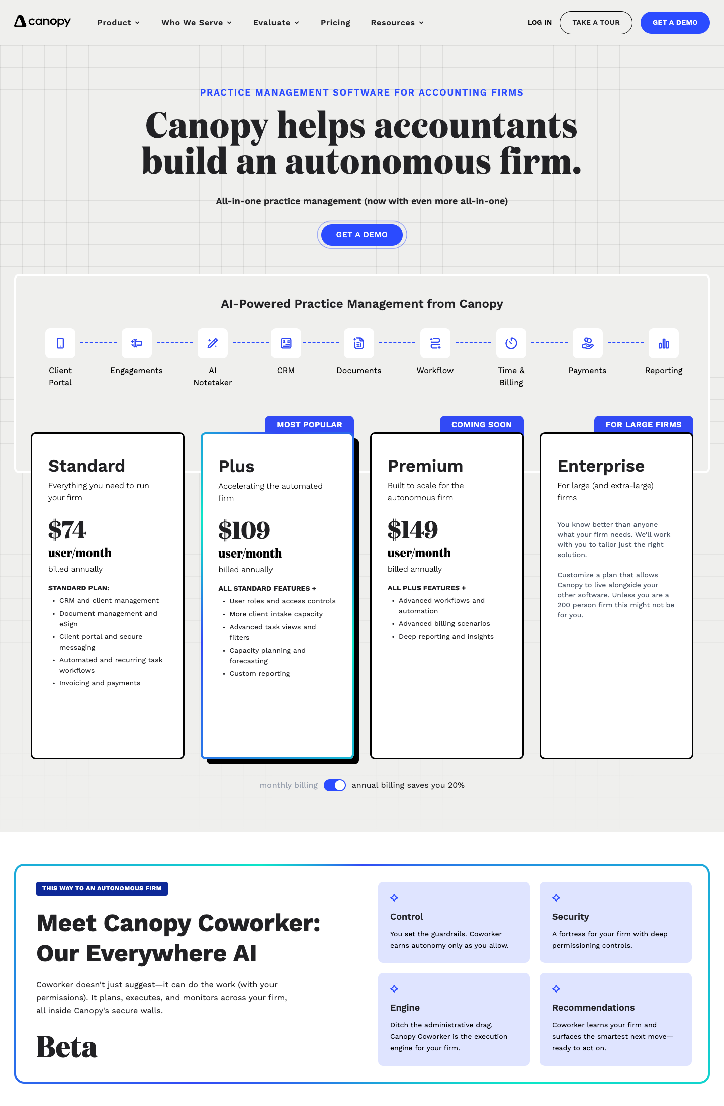 Canopy's pricing page: "Canopy helps accountants build an autonomous firm." over a row of module icons (Client Portal, Engagements, AI Notetaker, CRM, Documents, Workflow, Time & Billing, Payments, Reporting) and four plan cards, Standard $74, Plus $109 (Most Popular), Premium $149 (Coming Soon) and Enterprise for large firms, all per user per month billed annually, with a toggle noting annual billing saves 20%