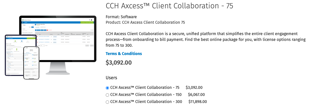 The Wolters Kluwer eStore page for CCH Axcess Client Collaboration — a secure platform for the client engagement process from onboarding to bill payment, with packages at $3,092 for 75, $6,067 for 150 and $11,898 for 300