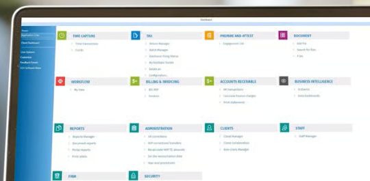 The CCH Axcess dashboard on a laptop — module tiles for Time Capture, Tax, Prepare and Attest, Document, Workflow, Billing and Invoicing, Accounts Receivable, Business Intelligence, Reports, Administration, Clients, Staff, Firm and Security